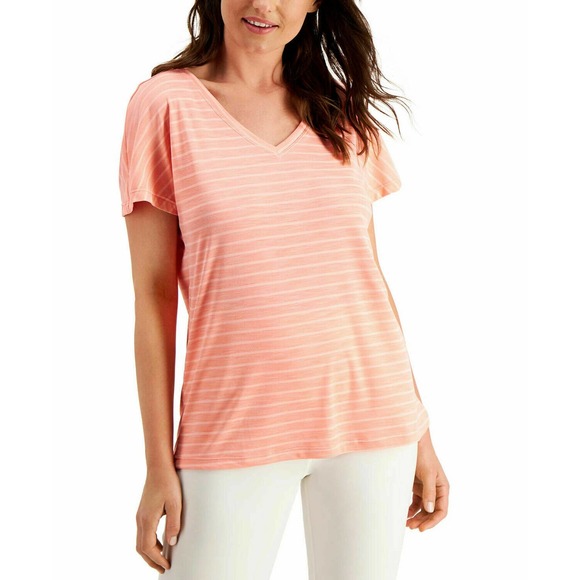 Ideology Women's Shadow-Striped Short Sleeve V-Neck T-Shirts Top Pink XS, NWT - Picture 2 of 5